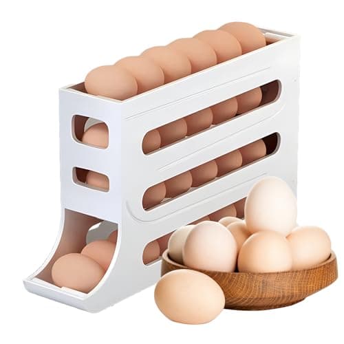 Image of Ikaif 4-Tier Auto Rolling Egg Dispenser, Space-Saving Egg Holder for Fridge and Countertop, Durable Plastic Kitchen Egg Organizer (White)