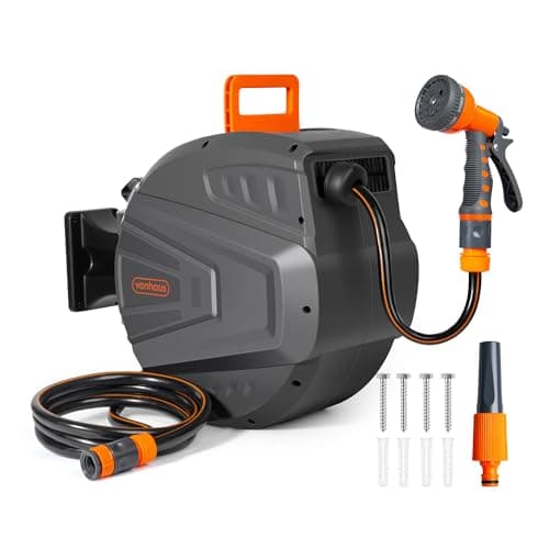 Image of VonHaus Hose Reel 20m - Wall Mounted Hose Reel for Garden, Retractable, Auto Lock and Auto Rewind, Includes Wall Fixings and 9 Function Spray Gun, 180° Pivot Swivelling, Long Reach, Outdoor Watering