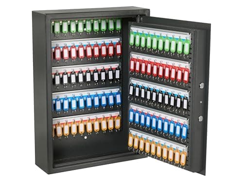 Image of The Workplace Depot Digital Key Cabinet, High Security Wall Mounted Electric Combination Lock Key Safe with Key Hooks Coloured Key Tags for Home, Office, Business (100 Key Capacity)