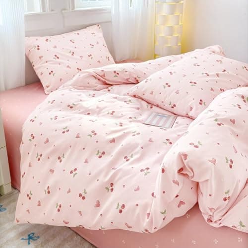 Image of Michorinee 100% Cotton Cherry Duvet Cover Set Double Pink Love Heart Bedding Set Breathable & Soft Cotton Comforter Cover 200x200 with Zipper Closure and 2 Pillow cases 50 x 75 cm