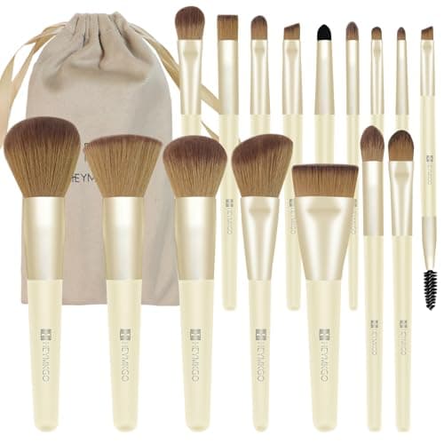 Image of HEYMKGO 16pcs Makeup Brushes with Travel Pouch,Professional Wooden Handle Foundation Brush, Concealer Brush & Complete Makeup Brush Set for Flawless Makeup.