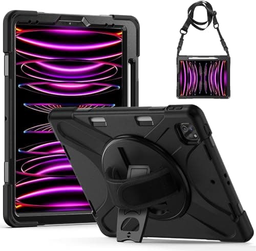 Image of Gerutek for iPad Pro 12.9 Case Shockproof, iPad Pro 12.9 6th/5th/4th/3rd Gen Case Heavy Duty with [360 Rotating Stand/Hand & Shoulder Strap][Pencil Charger Pen Slot] for iPad Pro Cover 12.9, Black