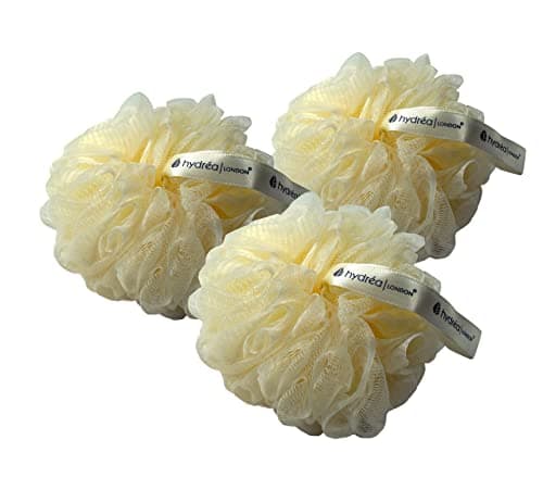 Image of Hydrea London Shower Puff - Exfoliating Body Scrubber for Men & Women - Cleansing & Invigorating Luxury Shower Scrub - Ultra-Soft, Large, & Vegan Bath Scrunchie - Bathing Skin Buffer, Triple Pack