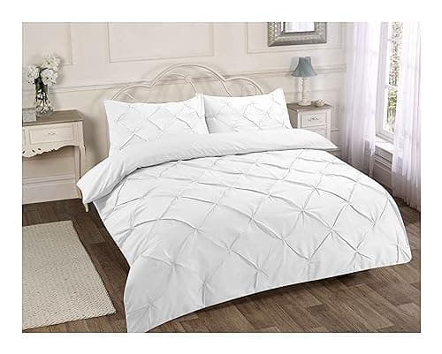 Image of H&F Alexander Duvet Quilt Cover Set Pin Tuck Pinch Pleat Alford Reversible Diamond Bedding Set with Matching Pillowcase UK Size (King, White)