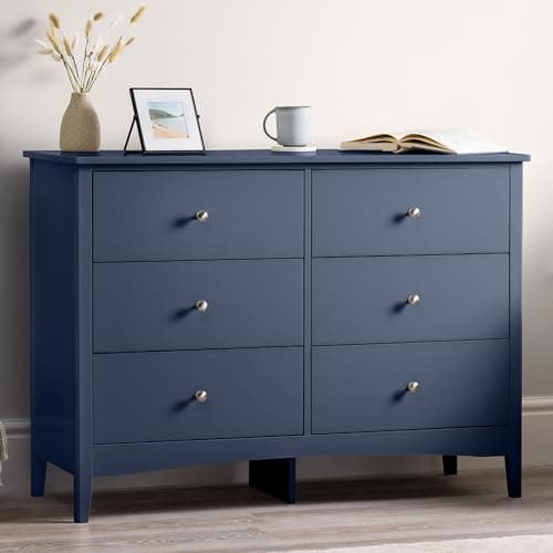 Image of CHRISTOW Navy Blue Chest Of Drawers, 6 Drawer Storage Organiser Unit, Modern Wooden MDF Bedroom Cabinet Furniture, Living Room Hallway, Brushed Chrome Handles (H70cm x W80cm x D40cm)