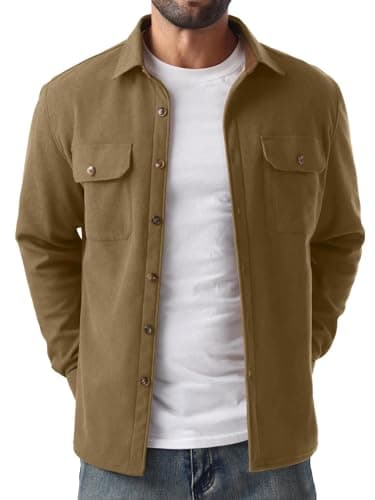 Image of QIXING Men's Fleece Lined Corduroy Shirt Button Down Long Sleeve Jacket Trucker Overshirt Autumn Winter Coats with Flap Pockets (Light Brown, 3XL)