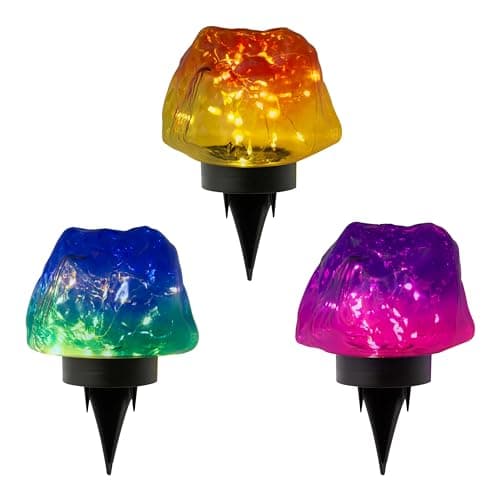 Image of GardenKraft Multi Colour Solar Garden Stone Lights Set of 3 – 30 Micro LED Fairy Lights Per Stone – Energy Efficient, Weatherproof Pathway - Ground Stakes – Outdoor Decorative Lighting