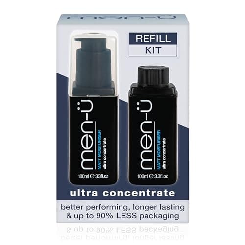 Image of men-ü MATT FACE MOISTURISER REFILL STARTER KIT, Up to 240 Applications, Ultra-Concentrate Mens Moisturiser, Use on the Face and Neck for Matt, Smooth & Firm Surface, 100 ml Bottle + 100 ml Refill