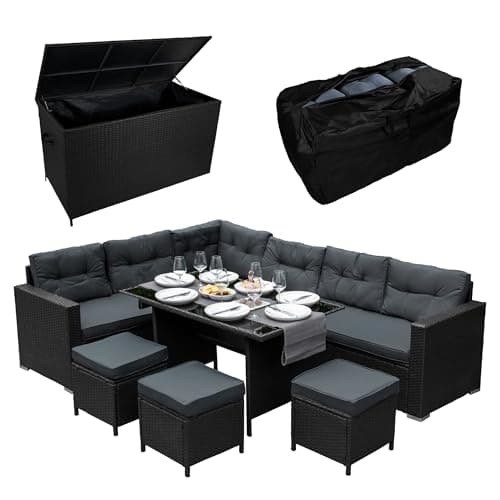 Image of Rattan Corner Dining Set & Garden Storage Box Black 9-Seater L Sofa Stools Glass Table Large Cushion Furniture Chest 582L Outdoor Patio Steel Frame UV Resistant FREE Waterproof Carry Bag & Rain Cover