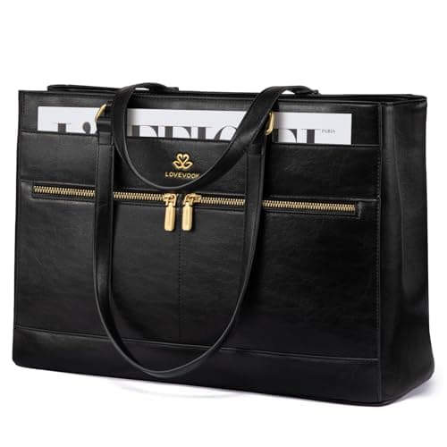 Image of LOVEVOOK Laptop Handbags for Women, 15.6 Inch Large Tote Bag Ladies Work Bags with Compartments, Vintage-Style Leather Laptop Bags Womens Handbag Shoulder Bag for School Office Business, Black