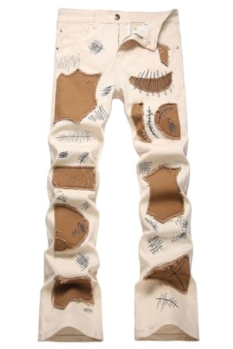 Image of Baylvn Men's Designer Straight Slim Fit Patchwork Jeans Comfort Skinny Biker Denim Pants, Beige Khaki, 30