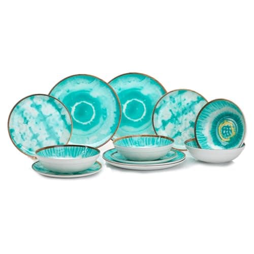 Image of FLAMEFIELD Non-Slip Boho Dream 12-Piece Melamine Set - Artistic Outdoor Dinnerware, Stable & Break-Resistant, Dishwasher Safe, Heat Resistant for Adventurous Dining, Bohemian-Themed Picnics & Camping