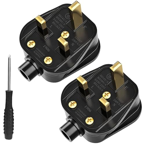 Image of UK Plugs with 13 AMP Fused, 3 pin Mains Plug with Cord Grip Rewireable Heavy Duty Electrical Plug, Rubber Composite Plug, 2 Pack - Black