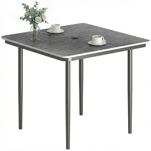 Image of Outsunny Garden Dining Table for 4 Person, 85 cm Square Outdoor Garden Table with Umbrella Hole, Faux Wood WPC Top and Metal Legs, All Weather for Patio, Balcony, Porch, Terrace, Dark Grey