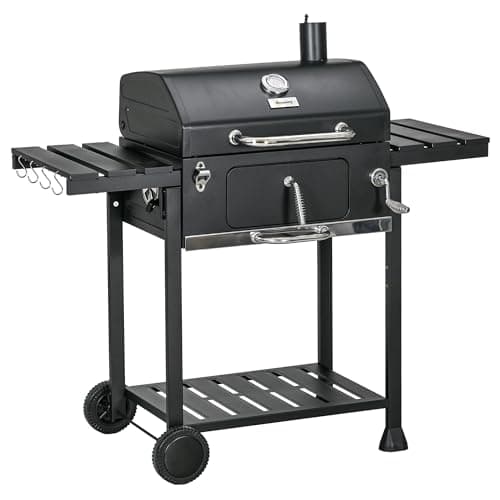 Image of Outsunny Charcoal Barbecue Grill Trolley with Adjustable Charcoal Pan, Galvanised Steel Smoker BBQ Grill with Storage Shelves, Lid, Themometer, Bottle Opener and Wheels, Black
