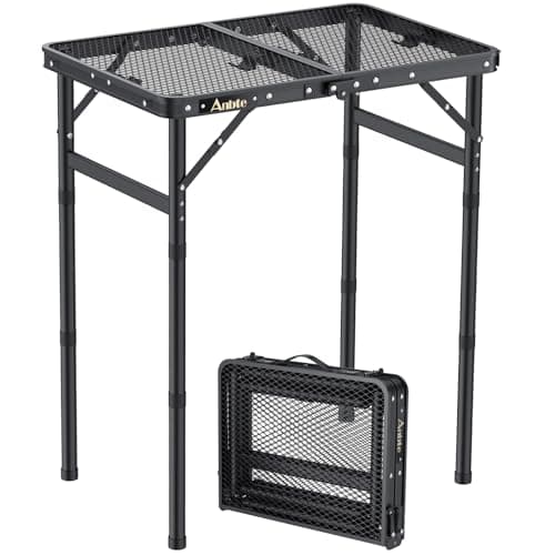 Image of Anbte Folding Grill Table, 3 Adjustable Heights Aluminum Camping Table with Heat-Resistant Mesh Desktop, Lightweight outdoor Table, Portable Handle for Outside BBQ Cooking, 58 cm x 40 cm, Black