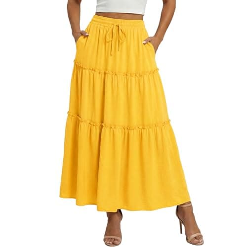 Image of WERFORU Women's Skirts Elastic High Waist Long Skirt with Pockets Elegant Maxi Skirt for Women A-Line High Waist Boho Skirts Yellow