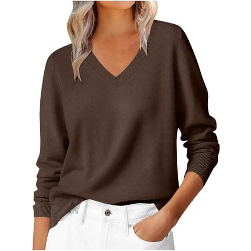 Image of Cashmere Jumpers for Women V Neck Sweater Ladies Casual Lightweight Plain Pullover Long Sleeve Tops Dressy Fine Knit Jumpers for Women Fall Winter Tunic Blouse T-Shirt for Work Office Brown