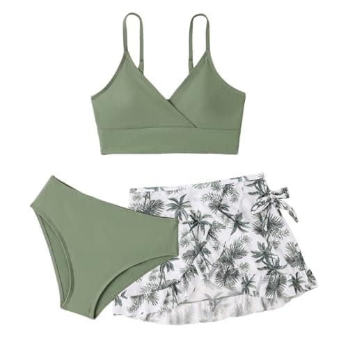 Image of LYZOURBB Teen Girls 3PCs Swimsuit Costume Bathing Suits Bikini Set Adjustable Bikini Top with Floral Cover Up Skirt for 8-14Years Green