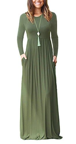 Image of AUSELILY Women's Casual Long Sleeve Maxi Dress Loose Long Dresses with Pockets Army Green M