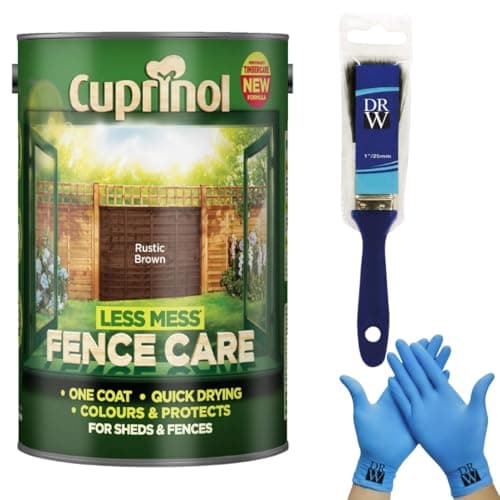 Image of Cuprinol Less Mess Rustic Brown Fence Care Stain 6L + Free 4 Inch Fence Paint Brush & Nitrile Gloves – One‑Coat Coverage, Quick Drying, Rich Colour & Low Odour