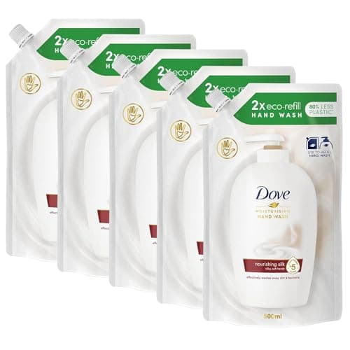 Image of Dove Moisturising Eco-Refill for Liquid Hand Wash Nourishing Silk Effective Antibac Cleansing for 24H Nourishment and Instantly Soft Skin 500ml, 5 Pack
