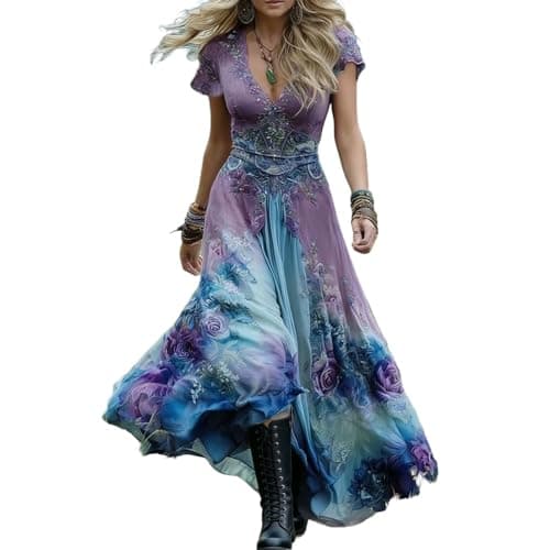 Image of Zeiayuas Boho Dress Ladies Summer Short Sleeve V Neck Plus Size Flowy Maxi Dresses Boho Beach Floral Embroidered Dress Elegant Party Casual Long Dresses A-line Holiday Bohemian Sundress Blue
