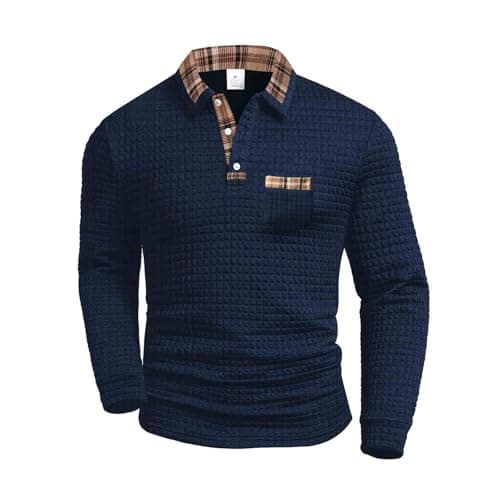 Image of Generic Men's Long Sleeve Polo Shirt Checked Patchwork Design Casual Sports Top for Winter, navy, L