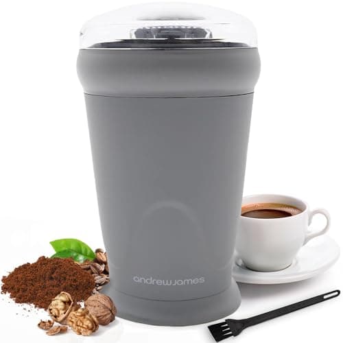 Image of Andrew James Electric Coffee Grinder, Bean, Nut & Spices, Powerful Compact Coffee Bean Grinder for Home Kitchen, One Touch Operation 150w with 70g Basin, Includes Cleaning Brush (Grey)