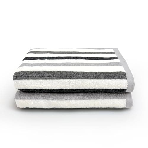 Image of Allure Cali Striped Bath Towels Pack of 2 70 x 140cm, 100% Cotton – Super Soft, Absorbent, Quick Dry Bathroom Towel Set (Grey)