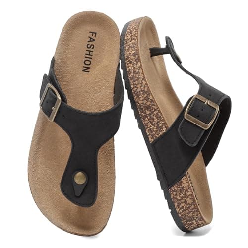 Image of Foinledr Cork Footbed Sandals for Women and Men Flip Flops for Unisex, Summer Beach Slides with Anti-Slip Sole & Arch Support, Adjustable Buckles