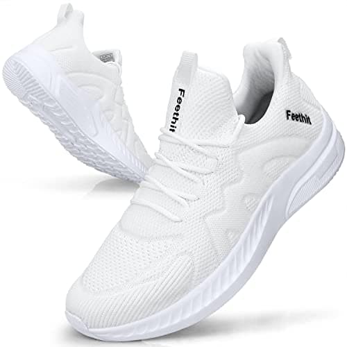 Image of Feethit Trainers Men Running Shoes Tennis Sports Training Walking Gym Athletic Fitness Fashion Sneakers Trainers for Men Breathable Lightweight Comfortable Outdoor Flat Shoes for Jogging White UK 10