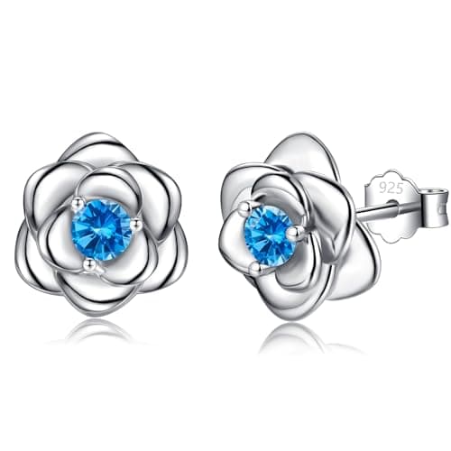 Image of Silver Earrings for Women, Sterling Silver Stud Earrings Hypoallergenic Blue Cubic Zirconia Dainty Flower Rose Stud Earrings for Ladies Girls Birthday Christmas Jewellery Gifts