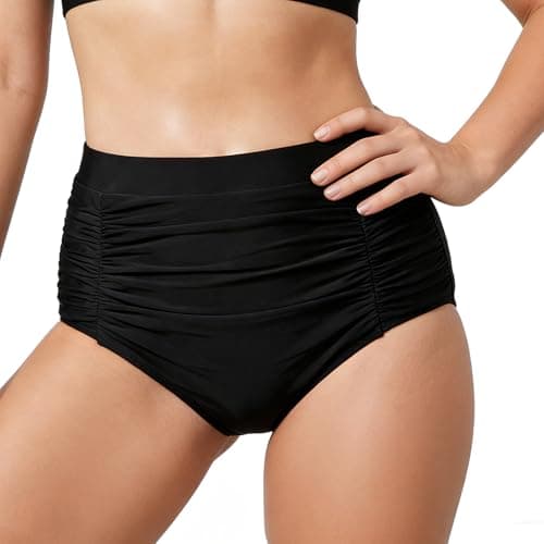 Image of StreamSafe Black High Waist Bikini Bottoms for Women Tummy Control Swimwear Women's Black Bikini Bottoms for Swimming (UK, Alpha, XL, Regular, Regular, Black)