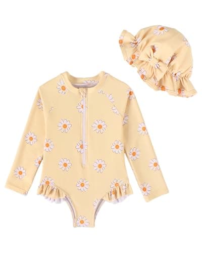 Image of JiAmy Baby Girls Swimming Costume Long Sleeve Zip Up One Piece Swimsuit Swimwear Bathing Suit Rash Guard with Sun Hat Set Yellow Flowers 6-12 Months