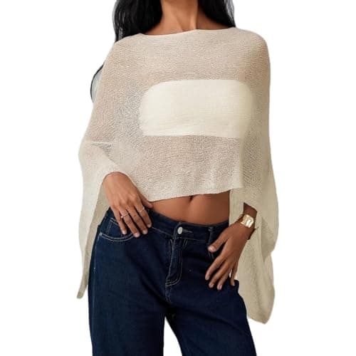 Image of Nsywmzy Poncho Tops For Women Sheer Knitted Lightweight Loose Coverup Top Asymmetrical Cape Vacation Beach Clothing (light yellow, ONE SIZE)