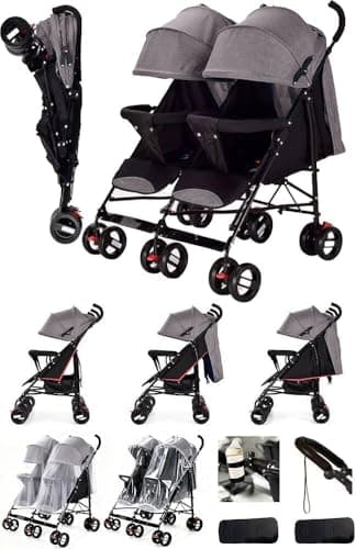 Image of Rexhan Twin Baby Pram, 2 in 1 Foldable Double Baby Buggy, Twin All in One Stroller, Tandem Pushchair, Newborns, Infants, Toddlers, 0-4 Years, Lightweight, Grey