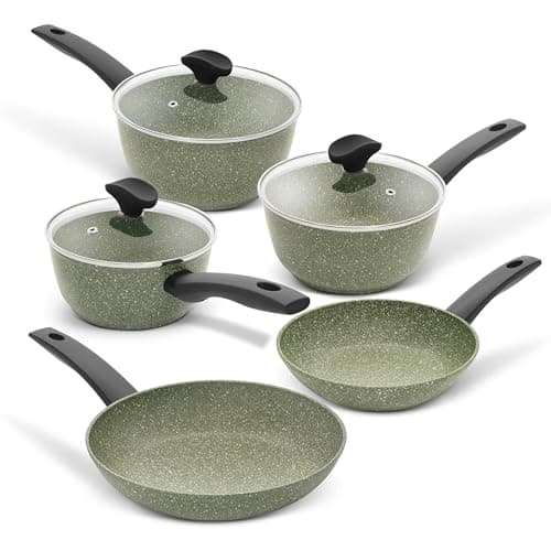 Image of Prestige Eco Non Toxic Pots and Pans Sets Non Stick - 5 Piece Induction Hob Pan Set, PFOA Free Cookware, Dishwasher Safe Cookware Made in Italy of Recyclable Materials, Green