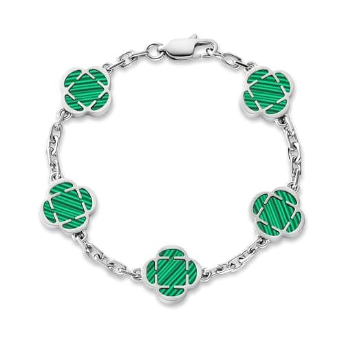 Image of CRAFTD - Green Malachite Clover Stone Silver Bracelet - Durable 316L Stainless Steel & Rhodium - Waterproof, Heat & Sweat Resistant - Gifts for Men - Men's Jewellery - Length 19cm