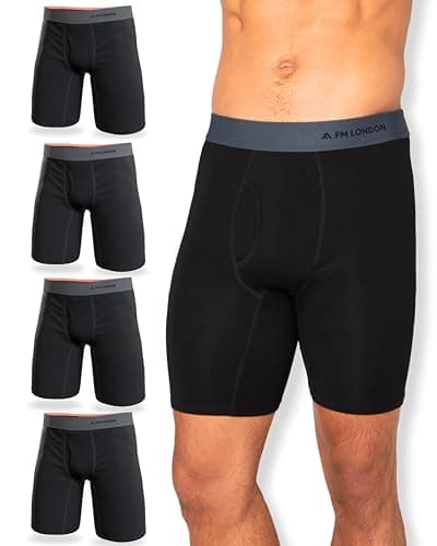 Image of FM London 4-Pack Mens Long Leg Boxers Bamboo - Super Soft, Anti Chafing, Sweat Wicking Bamboo Boxers With Keyhole Fly Black