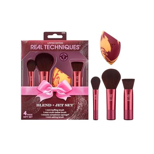 Image of Real Techniques Blend + Jet Set 4-Piece Set, Mini Makeup Brush Kit with Miracle Complexion Sponge, Travel-Ready Tools for Cream, Liquid, Powder, Flawless Application, Vegan & Cruelty-Free