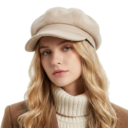 Image of howkuhat Premium Beret Newsboy Cap Women Baker Boy Hat for Women Retro Wide Brim Adjustable Solid Color Winter Warm Womens Hats Painter's Hat (UK, Alpha, One Size, Beige)