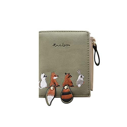 Image of WisePoint Coin Purse PU Leather Purse with 9 Slots, Portable Ladies Purse with Zipped and Snap, Bifold Purses Cute Ladies Wallet with Embroidered Animal Pattern for Traveling, Working (Green)