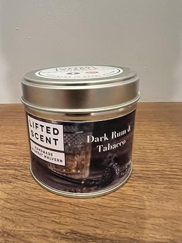 Image of Dark Rum & Tobacco Scented Candle - Double Wooden Wick, 20cl Tin with Protective Lid - Italian Bergamot, French Violet & Sueded Leather Fragrance Blend for Sophisticated Home Ambiance