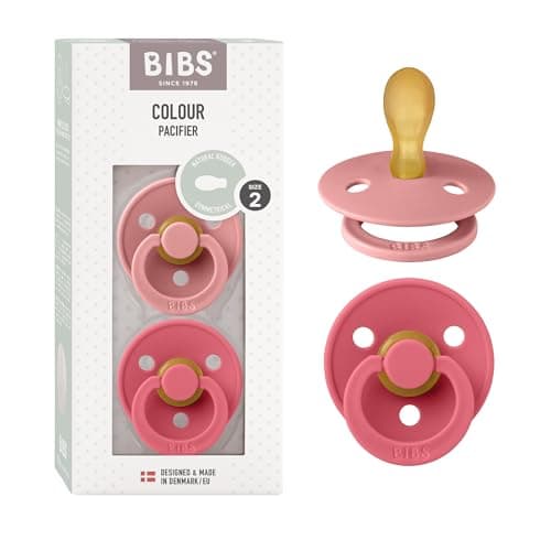 Image of BIBS Colour Anatomical Soother 2-Pack, BPA Free Dummy Pacifier, Orthodontic Nipple. Natural Rubber Latex, Made in Denmark, Size 2 (6-18 Months), Dusty Pink/Coral