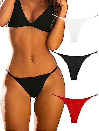 Image of KUKU PANDA Cotton Thongs for Women Sexy Seamless Woman G String Panties 3 Pack Set (Black/Red/White, Small)