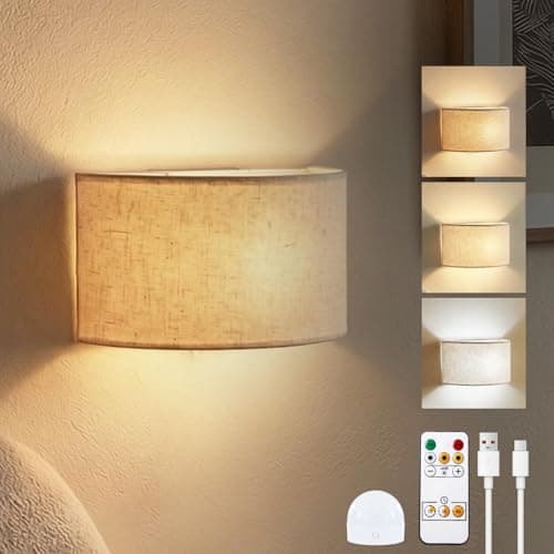 Image of Lamptobe LED Wall Lights Indoor with Rmote,3 Colors Stepless Dimming Wall Lamp Sconce with Rechargeable LED Bulb,Fabric Up and Down Mount Light for Living Room Bedroom Hallway Decor(1Pack)