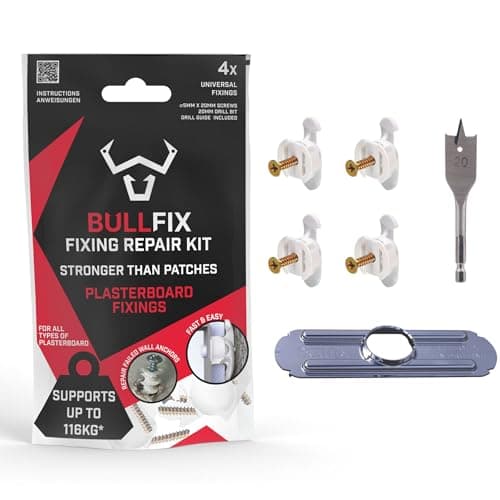Image of Bullfix Plasterboard Fixing Repair Kit 4 Pack – Repairs Failed Fixings in Drywall with Heavy Duty Anchor, Wall Plug Alternative for Dot & Dab, Stud & Hollow Wall, Includes Screws & Repair Drill Guide