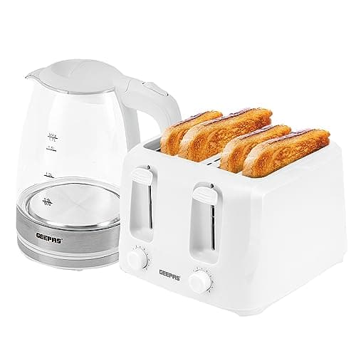 Image of Geepas 4 Slice Bread Toaster & 1.7L Illuminating Electric Glass Kettle Set – 2200W Cordless Jug Kettle, Auto Shut Off & Boil Dry Sensor – 1400W Toaster with Dual Control & 6 Level Browning, White