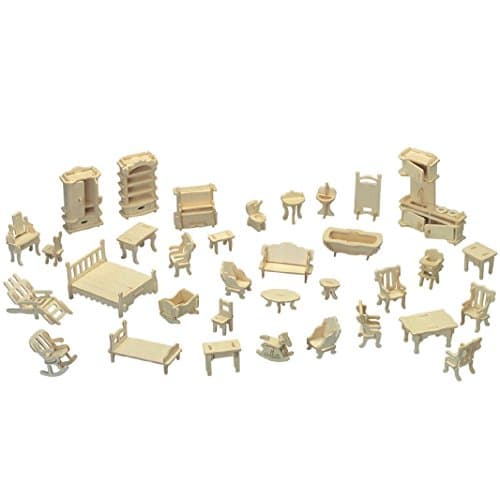Image of Dollhouse Furniture - Laser Cut Wooden 3D Puzzle Miniature Doll House Kit House Furniture Set - 34 Pieces